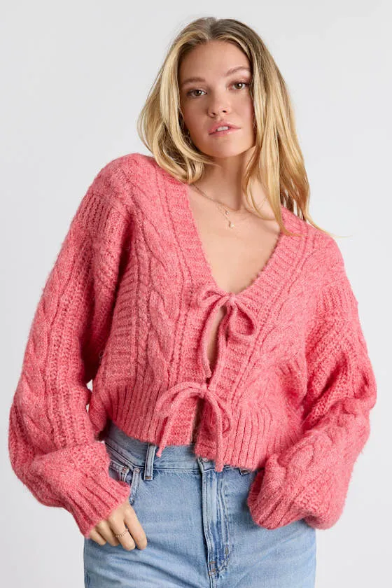 Khailyn Coral Pink Cable Knit Tie-Front Cardigan Sweater sold by Lulus product image thumbnail 2