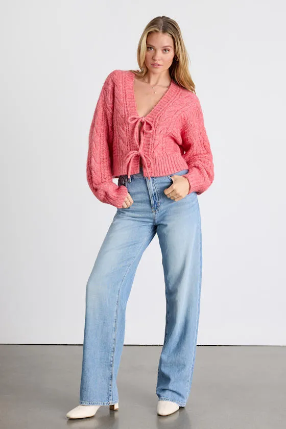 Khailyn Coral Pink Cable Knit Tie-Front Cardigan Sweater sold by Lulus product image thumbnail 4