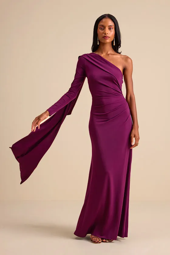 Maru Plum Purple Long Sleeve One-Shoulder Sash Maxi Dress sold by Lulus