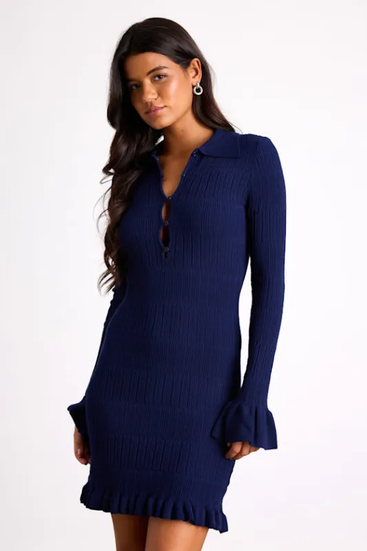 Coralee Navy Textured Collared Ruffled Sweater Mini Dress sold by Lulus