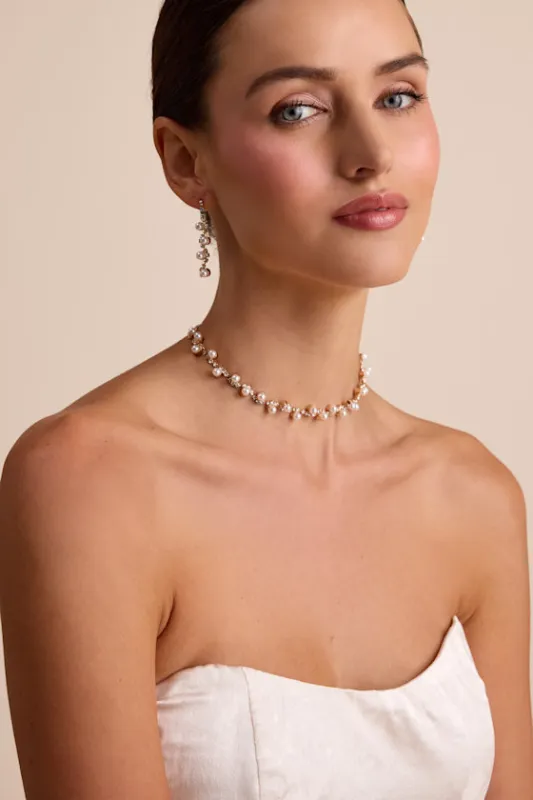 Haleema Gold Pearl Rhinestone Necklace and Earring Set sold by Lulus
