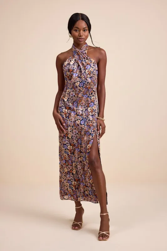 Elarinn Navy Floral Cross-Front Halter Midi Dress sold by Lulus