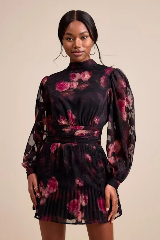 Ayveen Black Floral Burnout Balloon Sleeve Mini Dress sold by Lulus