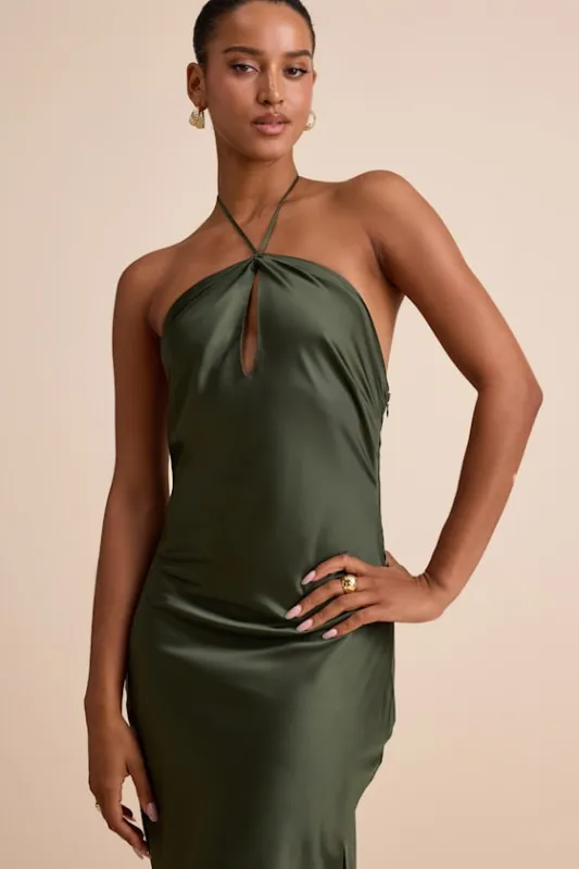 Gracie Olive Green Satin Halter Neck Maxi Dress sold by Lulus