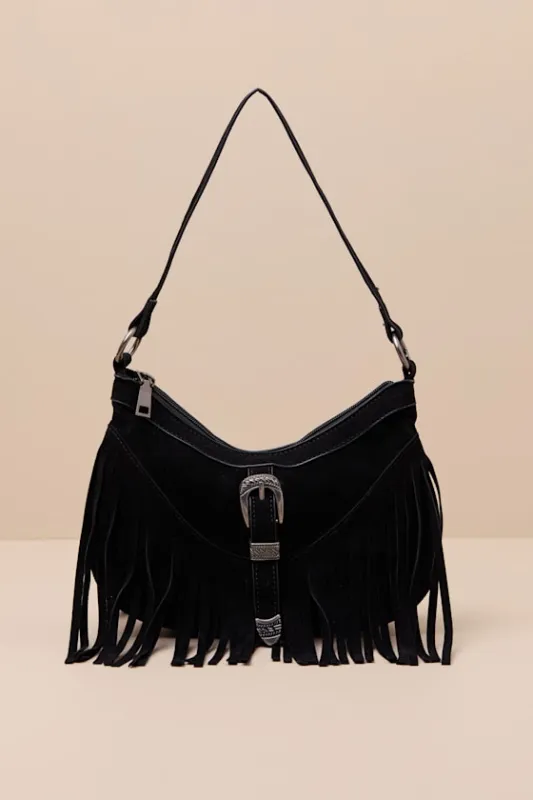 Dutton Black Suede Fringe Shoulder Bag sold by Lulus
