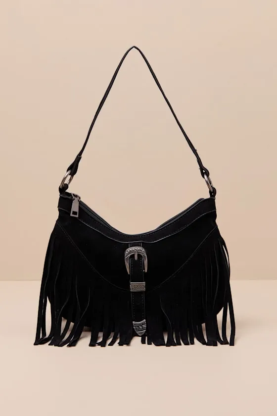 Dutton Black Suede Fringe Shoulder Bag sold by Lulus