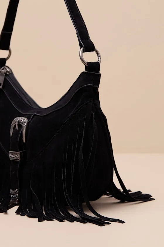 Dutton Black Suede Fringe Shoulder Bag sold by Lulus product image thumbnail 2