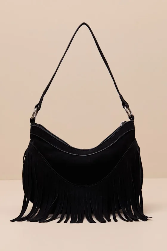 Dutton Black Suede Fringe Shoulder Bag sold by Lulus product image thumbnail 3
