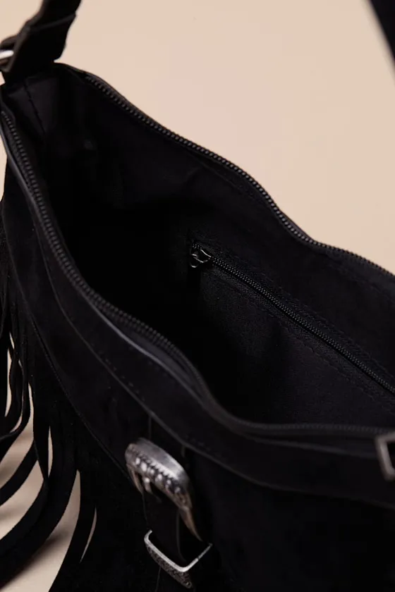 Dutton Black Suede Fringe Shoulder Bag sold by Lulus product image thumbnail 4