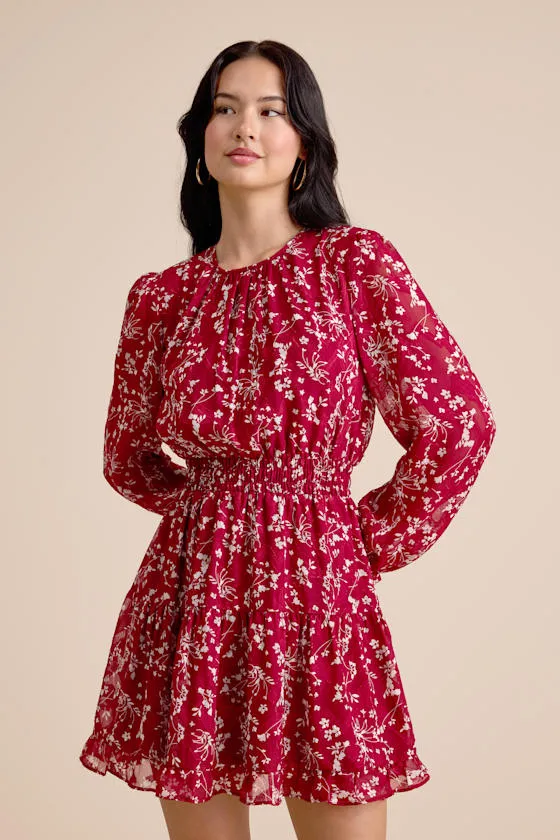 Too Cute Dark Red Floral Smocked Long Sleeve Mini Dress sold by Lulus product image thumbnail 2