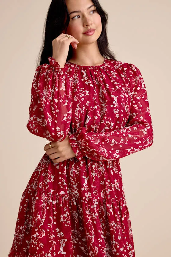 Too Cute Dark Red Floral Smocked Long Sleeve Mini Dress sold by Lulus product image thumbnail 3