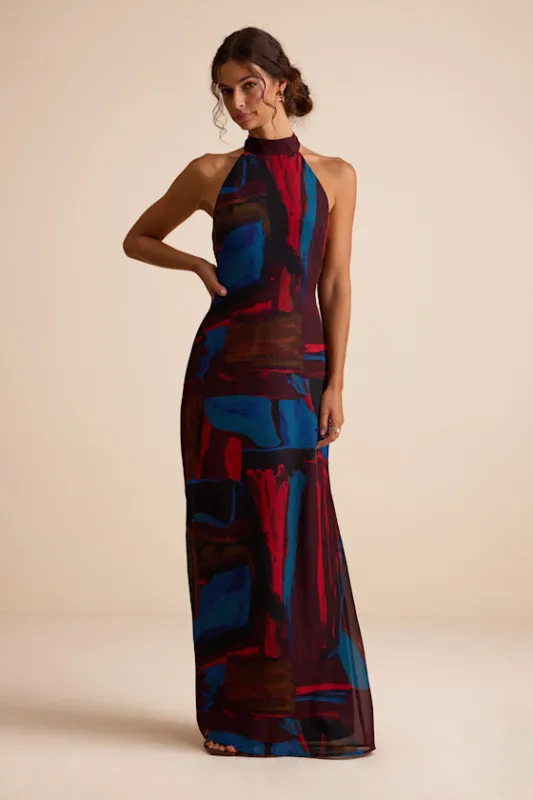 Solayne Burgundy Multi Abstract Strappy Halter Maxi Dress sold by Lulus