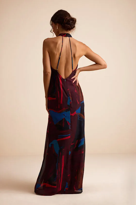 Solayne Burgundy Multi Abstract Strappy Halter Maxi Dress sold by Lulus product image thumbnail 3