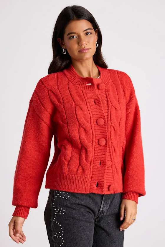 Lenorah Red Cable Knit Chunky Cardigan Sweater sold by Lulus