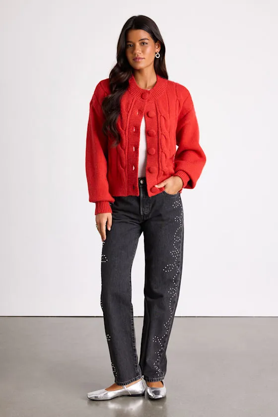 Lenorah Red Cable Knit Chunky Cardigan Sweater sold by Lulus product image thumbnail 4