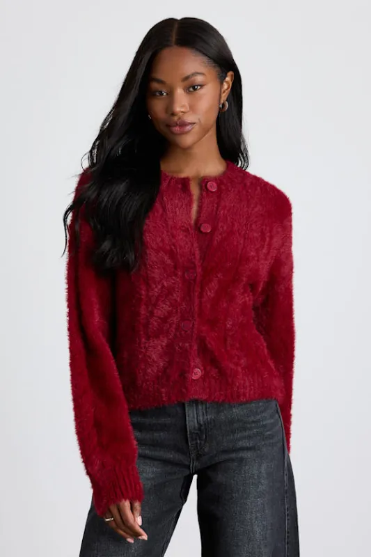Ashby Berry Red Braided Eyelash Knit Cardigan Sweater sold by Lulus