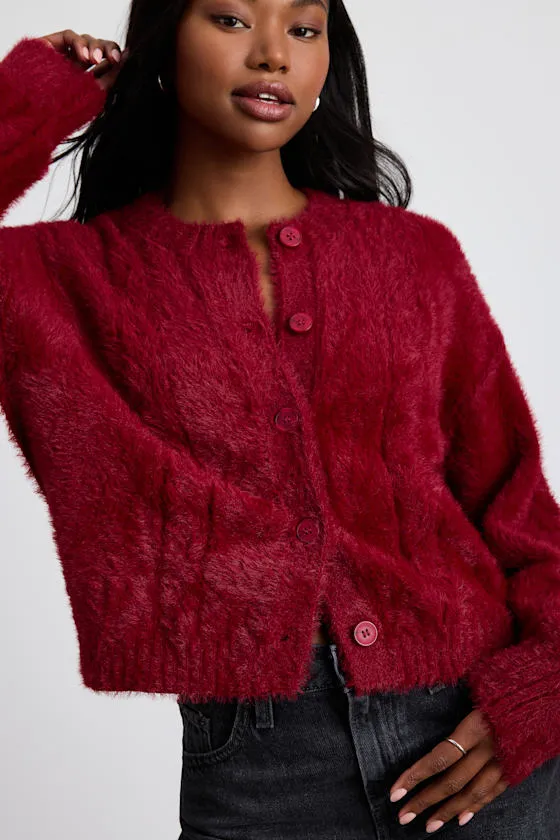 Ashby Berry Red Braided Eyelash Knit Cardigan Sweater sold by Lulus product image thumbnail 2