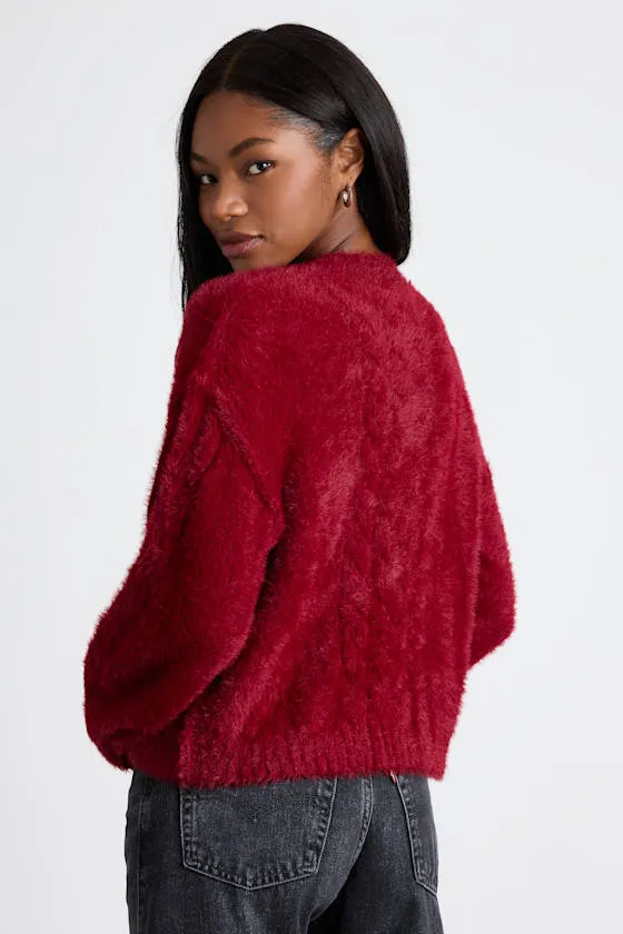 Ashby Berry Red Braided Eyelash Knit Cardigan Sweater sold by Lulus product image thumbnail 3