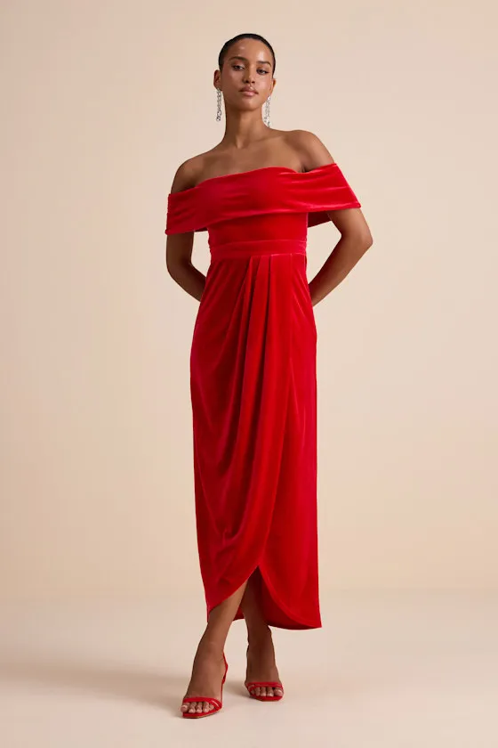 I'm Enchanted Red Velvet Off-the-Shoulder Maxi Dress sold by Lulus