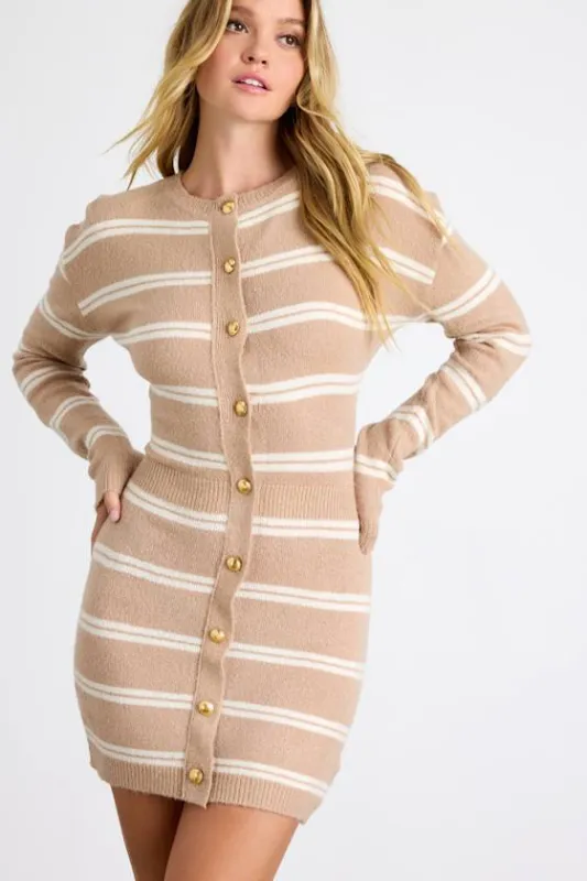 Maudie Beige and White Striped Sweater Mini Dress sold by Lulus