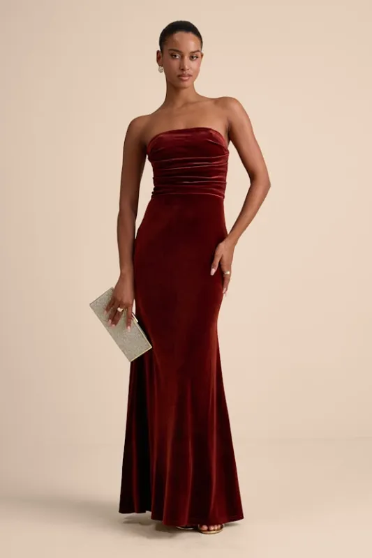 Maren Rust Velvet Strapless Mermaid Maxi Dress made by Lulus