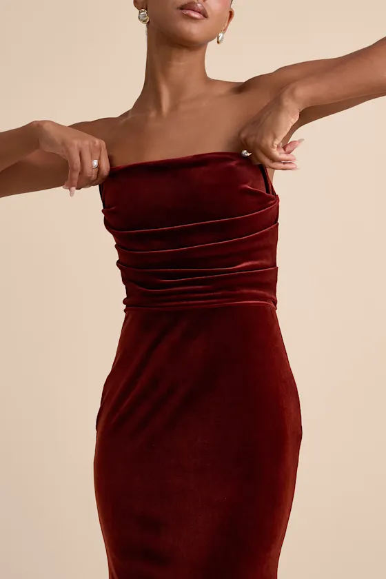 Maren Rust Velvet Strapless Mermaid Maxi Dress sold by Lulus product image thumbnail 2
