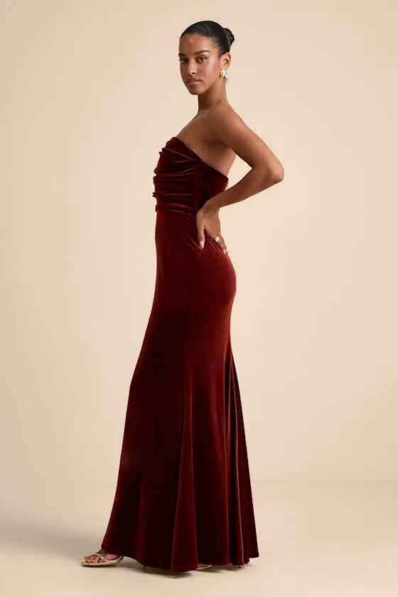 Maren Rust Velvet Strapless Mermaid Maxi Dress sold by Lulus product image thumbnail 4