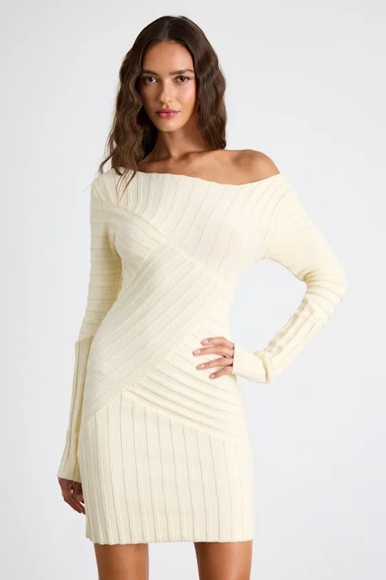 Penelope Cream Ribbed Off-the-Shoulder Sweater Mini Dress sold by Lulus