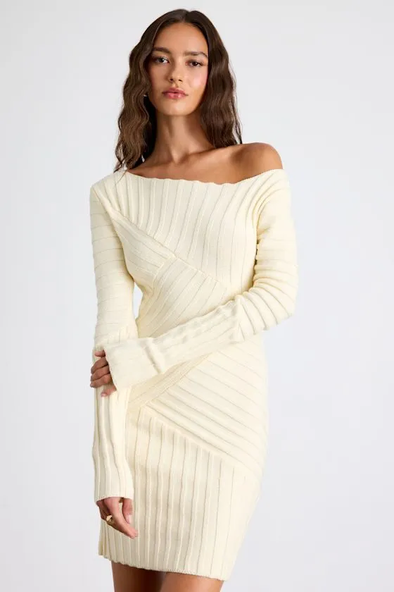 Penelope Cream Ribbed Off-the-Shoulder Sweater Mini Dress sold by Lulus product image thumbnail 4