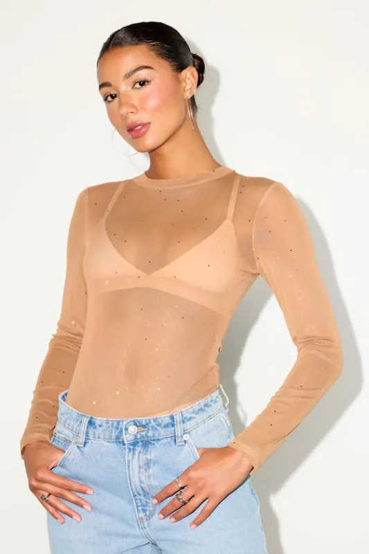 Strikes an Attitude Light Nude Mesh Embellished Mesh Bodysuit sold by Lulus