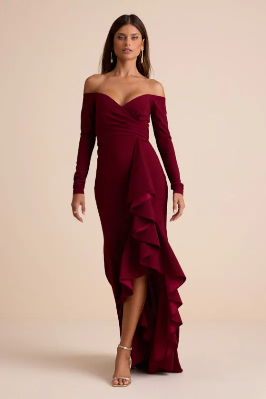 Notorious Perfection Wine Off-the-Shoulder Ruffled Maxi Dress sold by Lulus