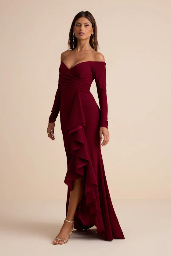 Notorious Perfection Wine Off-the-Shoulder Ruffled Maxi Dress sold by Lulus product image thumbnail 4