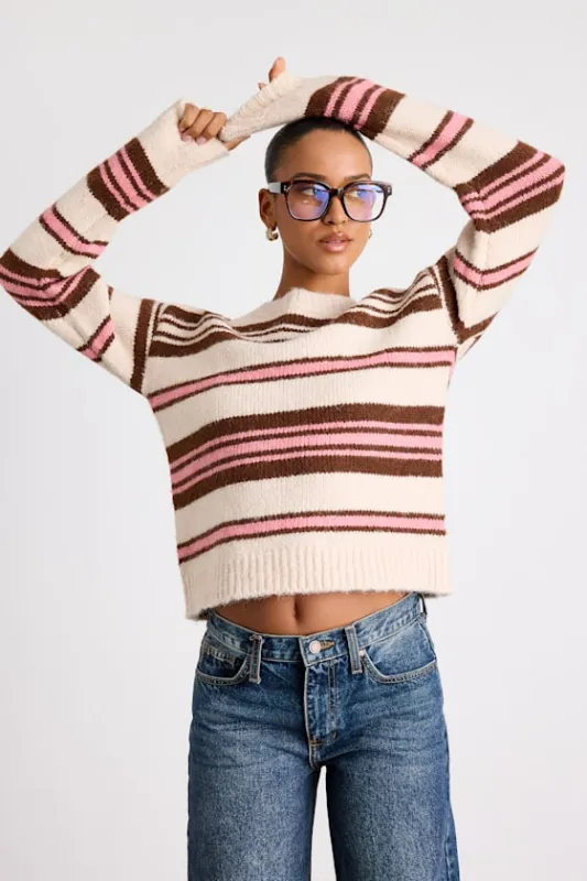Sisi Brown and Pink Striped Crew Neck Pullover Sweater sold by Lulus