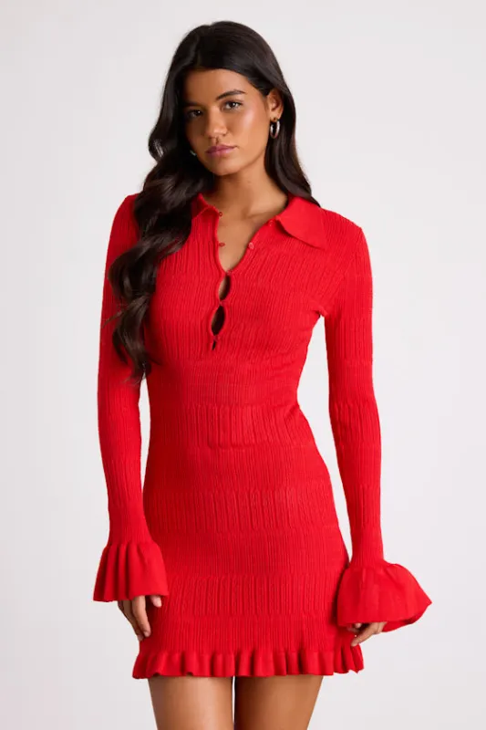 Coralee Red Textured Collared Ruffled Sweater Mini Dress sold by Lulus