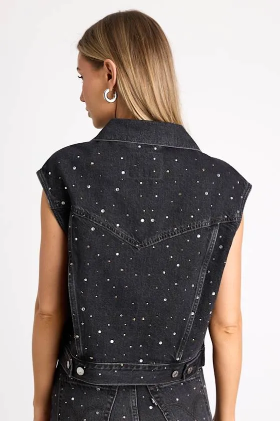 Shrunken '90s Washed Black Bedazzled Trucker Denim Vest sold by Lulus product image thumbnail 3