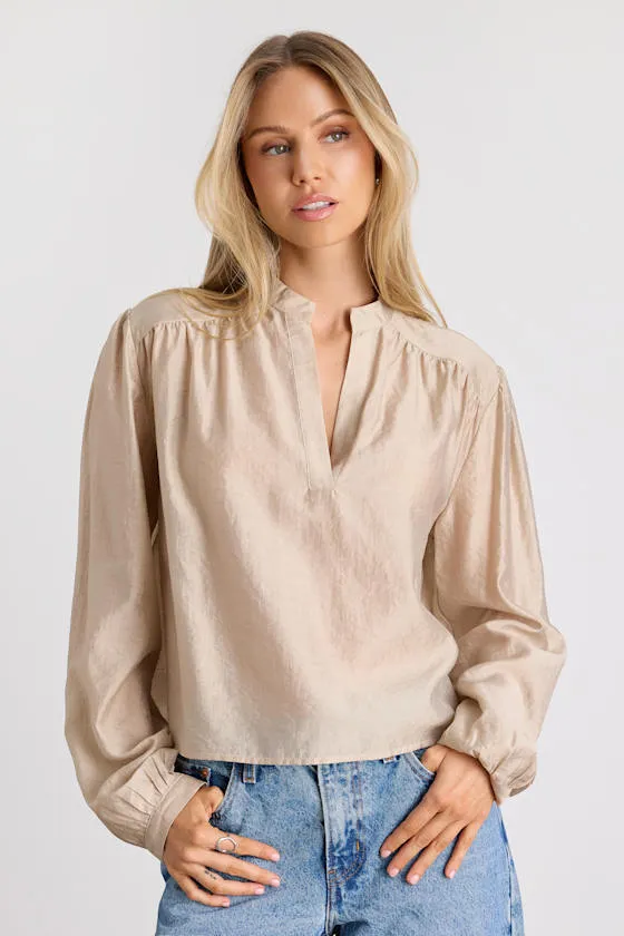 Zhena Beige Gathered Balloon Sleeve Top sold by Lulus