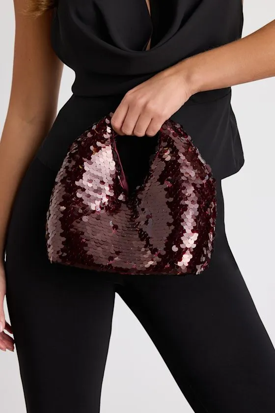 Dahlia Burgundy Sequin Clutch Bag sold by Lulus