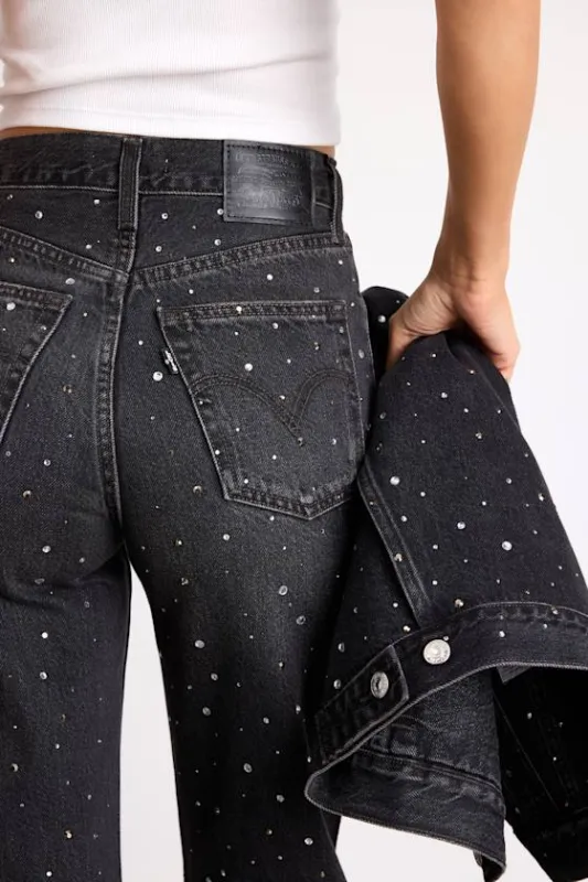 Ribcage Washed Black Denim Bedazzled Wide-Leg Jeans sold by Lulus