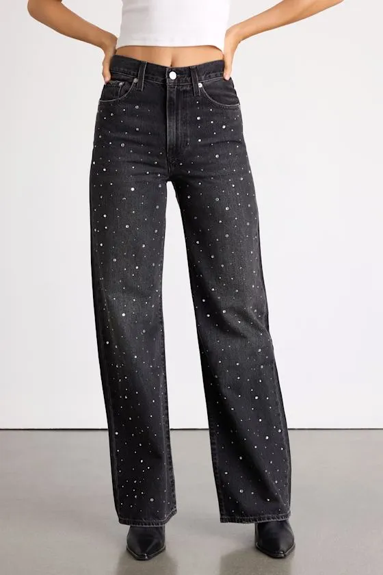 Ribcage Washed Black Denim Bedazzled Wide-Leg Jeans sold by Lulus product image thumbnail 3