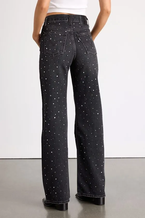 Ribcage Washed Black Denim Bedazzled Wide-Leg Jeans sold by Lulus product image thumbnail 4
