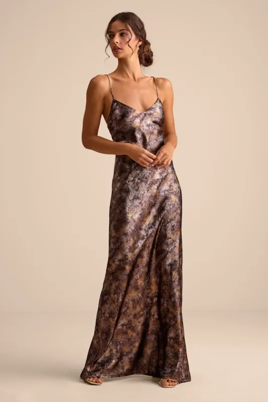 Sheeva Shiny Brown Multi Abstract Satin Lace-Up Maxi Dress sold by Lulus