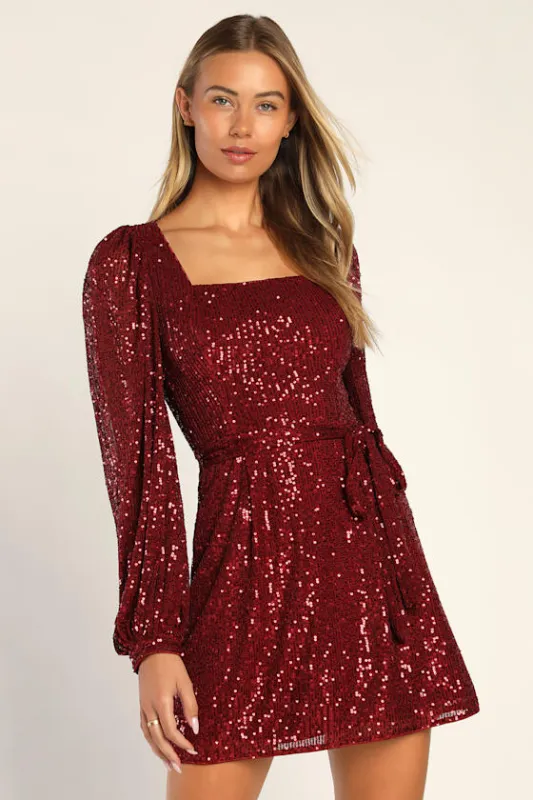 Festive Mood Wine Red Sequin Long Sleeve Mini Dress sold by Lulus