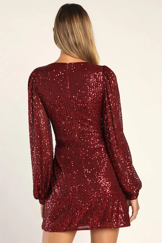 Festive Mood Wine Red Sequin Long Sleeve Mini Dress sold by Lulus product image thumbnail 4