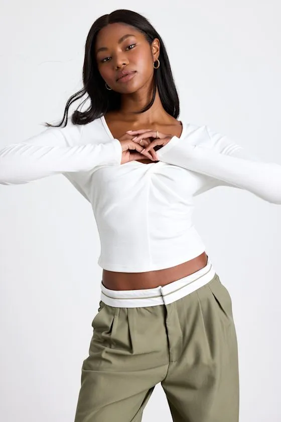 Firona Ivory Jersey Knit Twist-Front Long Sleeve Top sold by Lulus