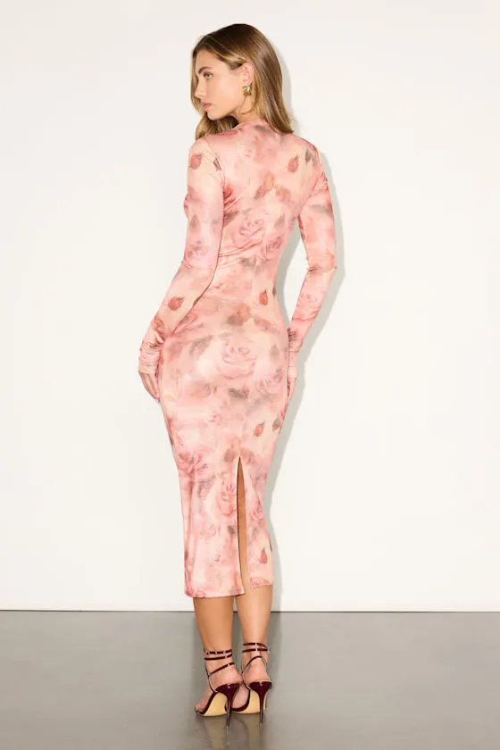 Lilaine Peach Floral Slinky Knit Long Sleeve Midi Dress sold by Lulus product image thumbnail 3