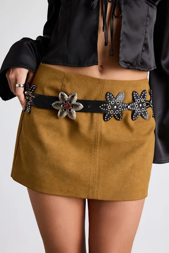 Keane Black Studded Floral Belt sold by Lulus