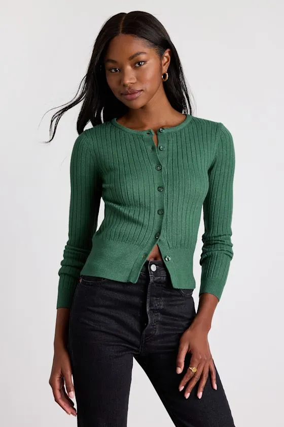 Perfect Classic Dark Green Ribbed Knit Cardigan Sweater sold by Lulus