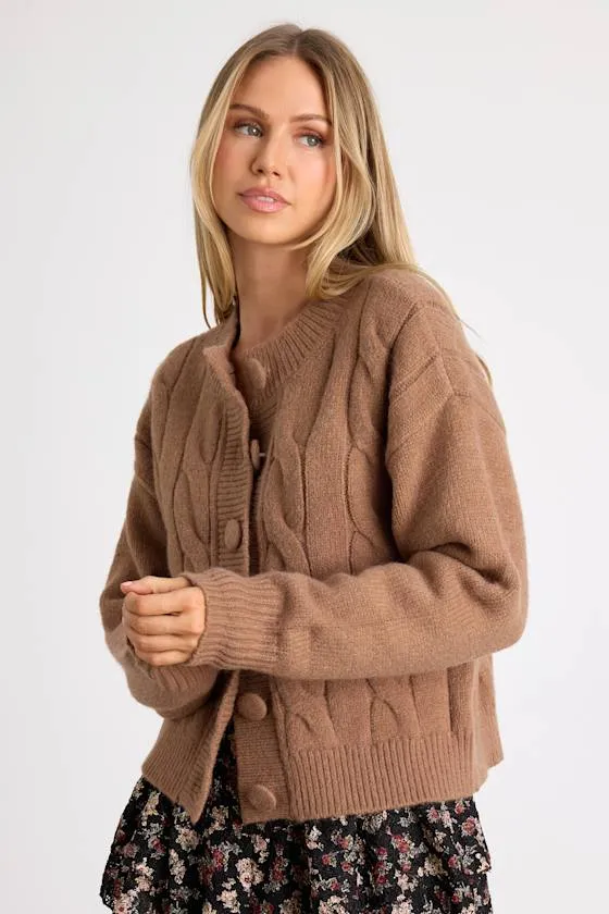 Lenorah Light Brown Cable Knit Chunky Cardigan Sweater sold by Lulus