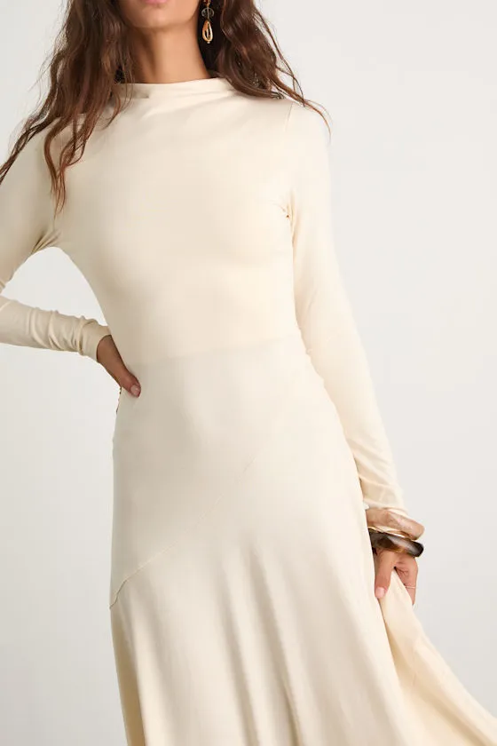 Corinne Cream Jersey Knit Mock Neck Midi Dress sold by Lulus