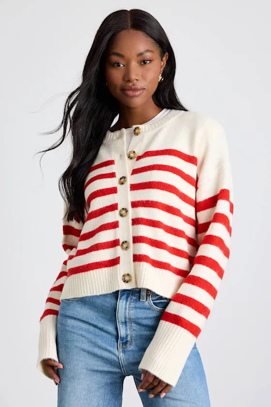 Hazelynn Ivory and Red Striped Cardigan Sweater sold by Lulus